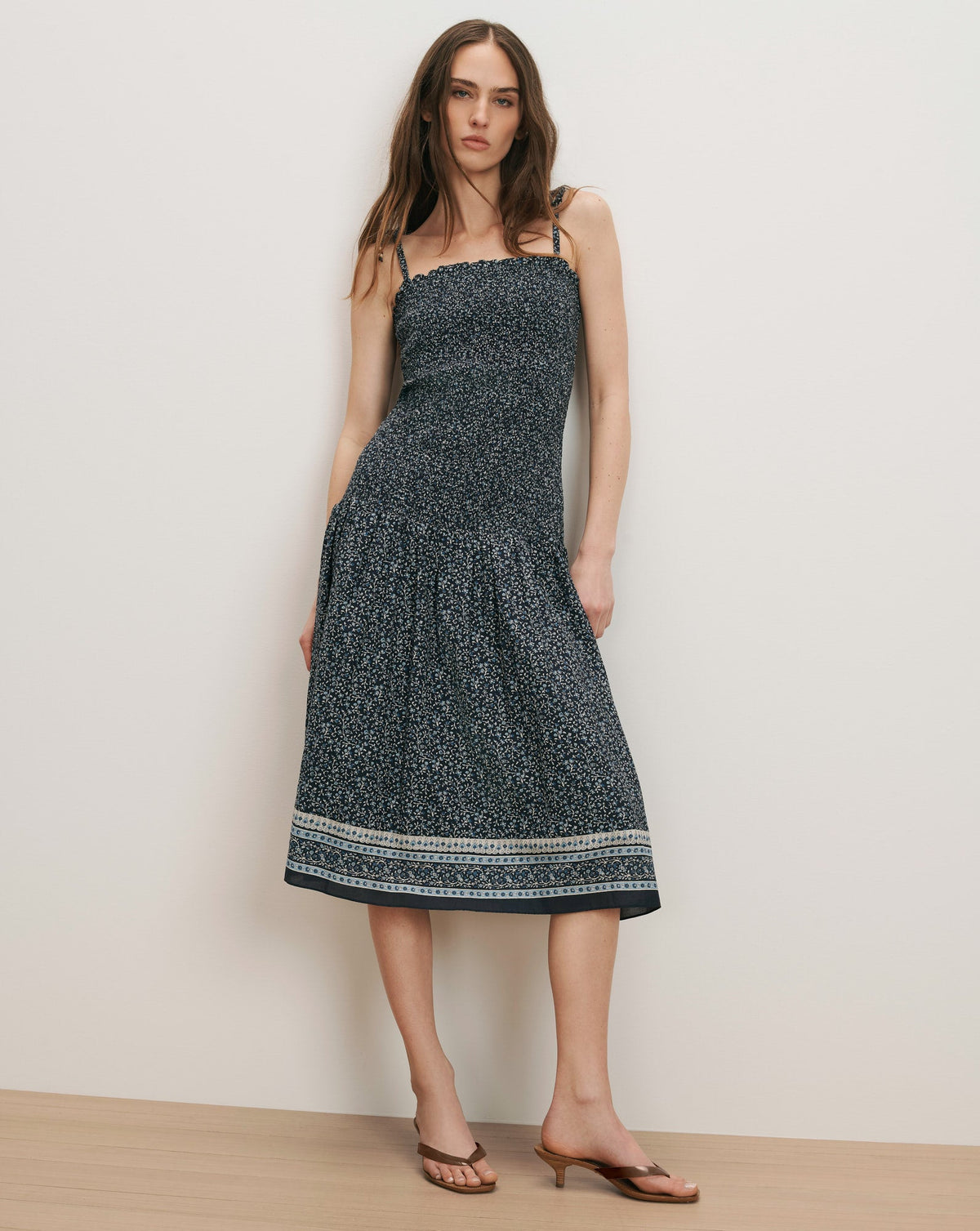 Veronica Beard | Marietta Smocked Midi Dress in Floral Navy Multi Navy Multi