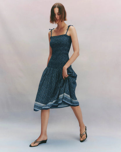 Veronica Beard | Marietta Smocked Midi Dress in Floral Navy Multi Navy Multi