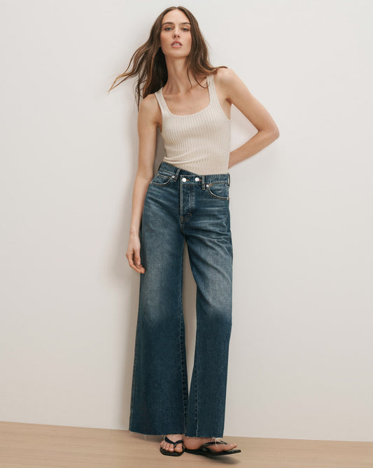 Veronica Beard | Taylor Crossover-Waistband Wide-Leg Jean in Medium Wash City Lights City Lights