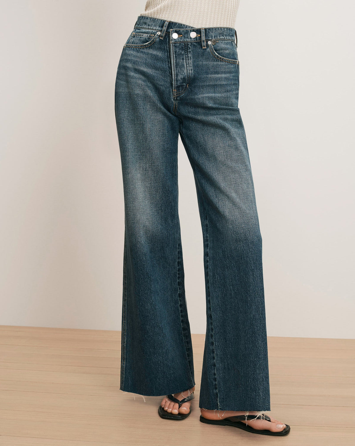 Veronica Beard | Taylor Crossover-Waistband Wide-Leg Jean in Medium Wash City Lights City Lights
