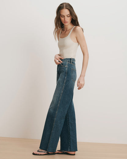 Veronica Beard | Taylor Crossover-Waistband Wide-Leg Jean in Medium Wash City Lights City Lights