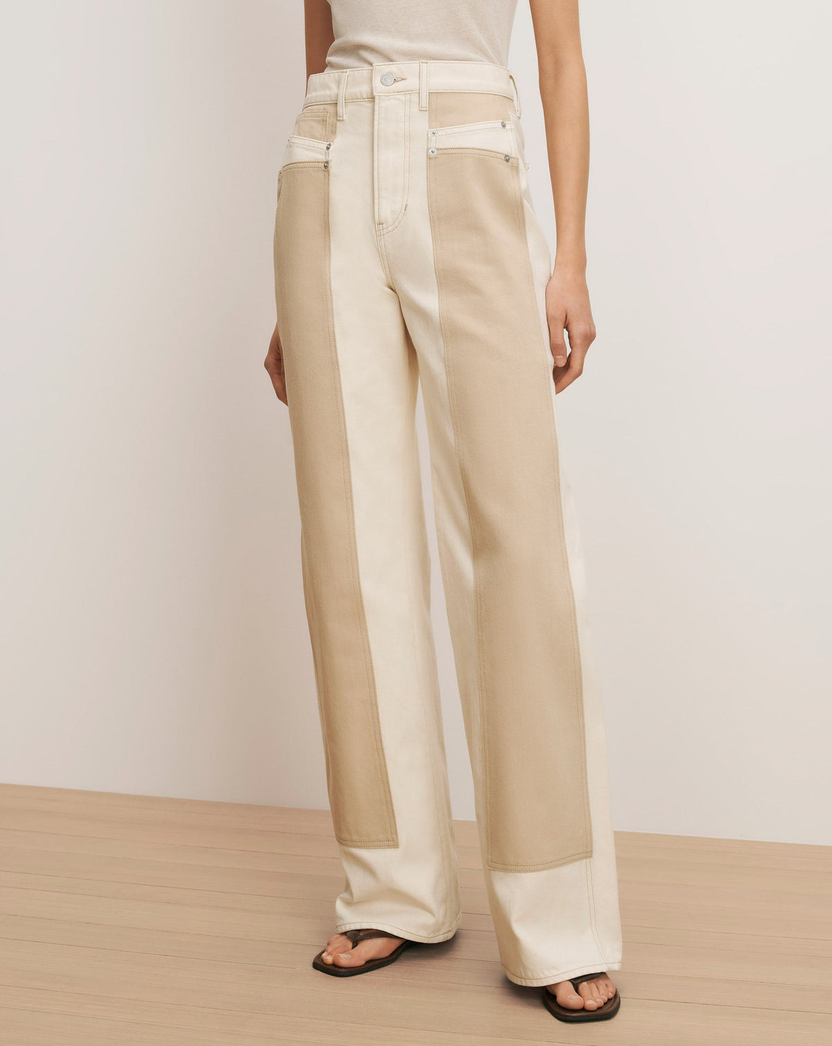 Veronica Beard | Taylor Color-Block Wide-Leg Jean in Ecru/Stone Khaki Ecru/Stone Khaki