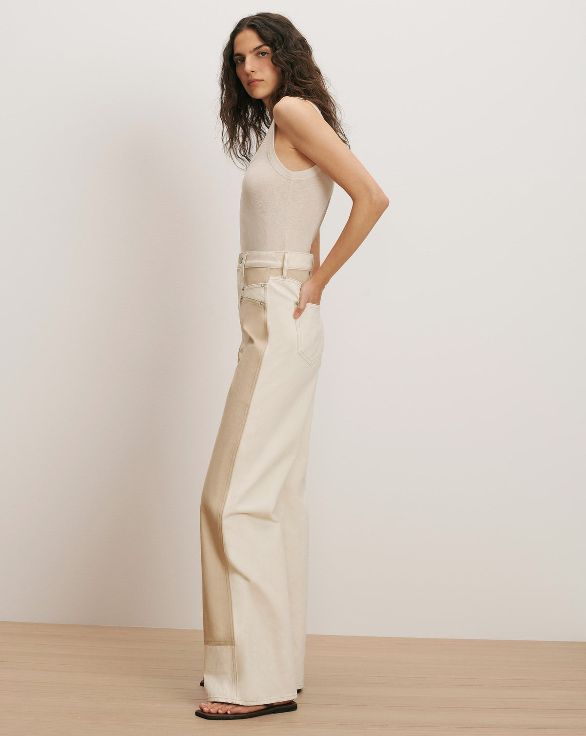 Veronica Beard | Taylor Color-Block Wide-Leg Jean in Ecru/Stone Khaki Ecru/Stone Khaki