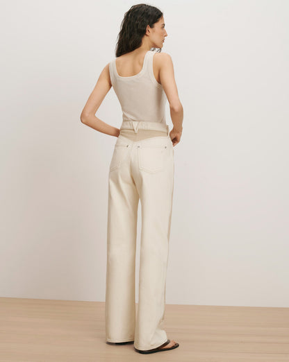 Veronica Beard | Taylor Color-Block Wide-Leg Jean in Ecru/Stone Khaki Ecru/Stone Khaki