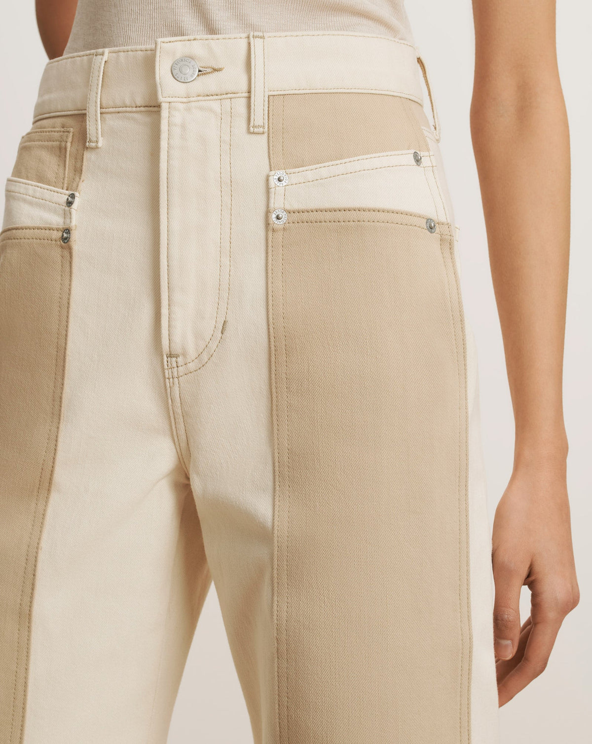 Veronica Beard | Taylor Color-Block Wide-Leg Jean in Ecru/Stone Khaki Ecru/Stone Khaki