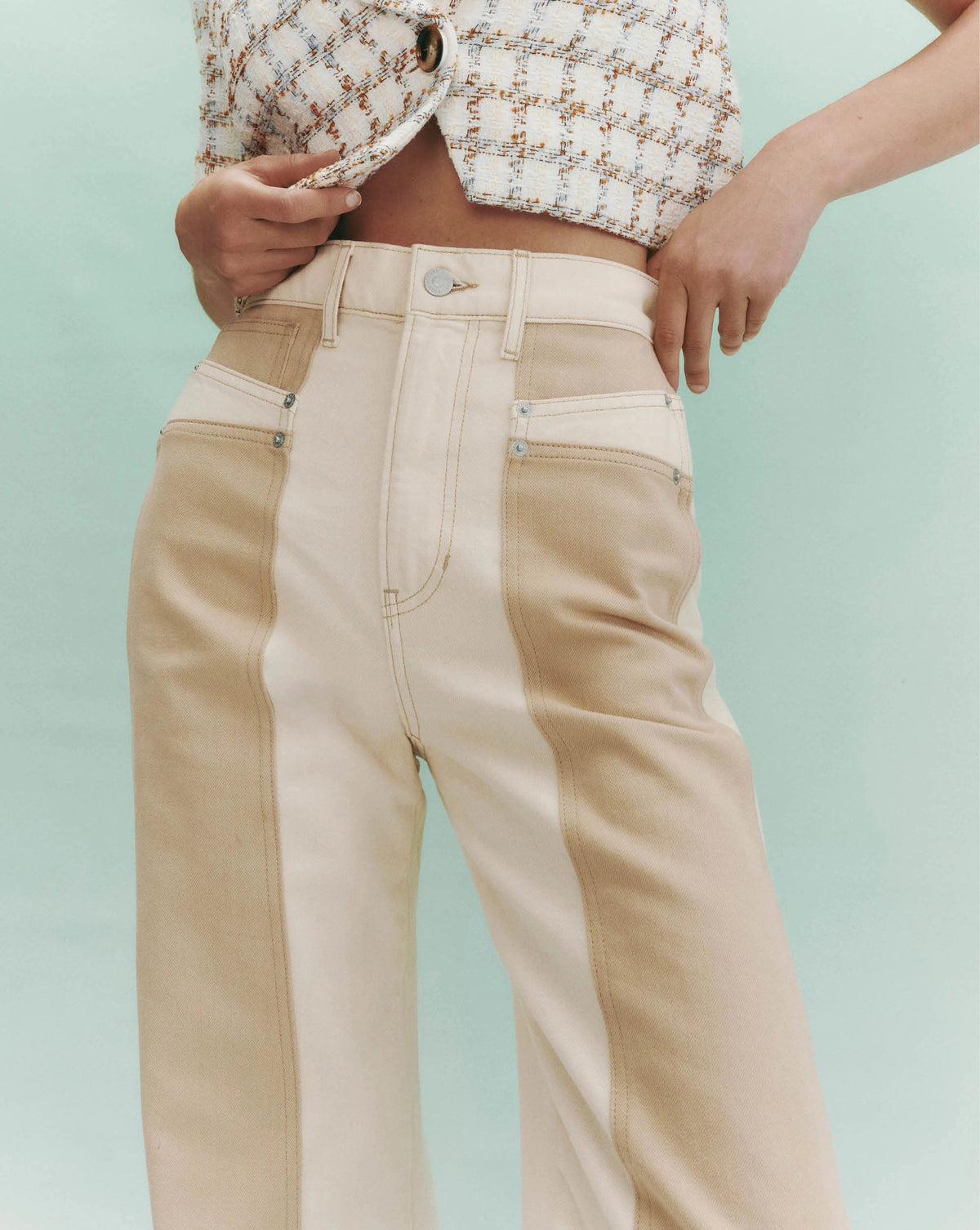 Veronica Beard | Taylor Color-Block Wide-Leg Jean in Ecru/Stone Khaki Ecru/Stone Khaki