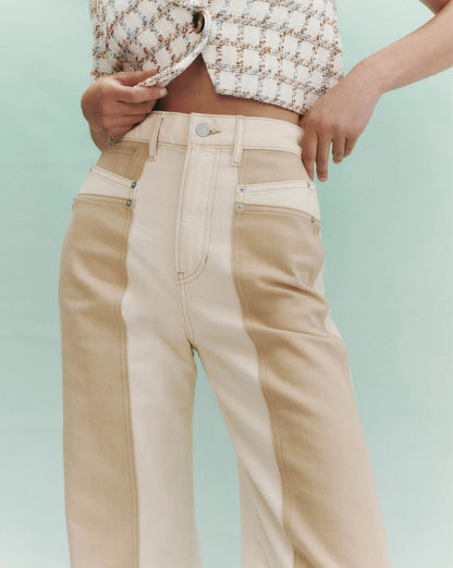 Veronica Beard | Taylor Color-Block Wide-Leg Jean in Ecru/Stone Khaki Ecru/Stone Khaki