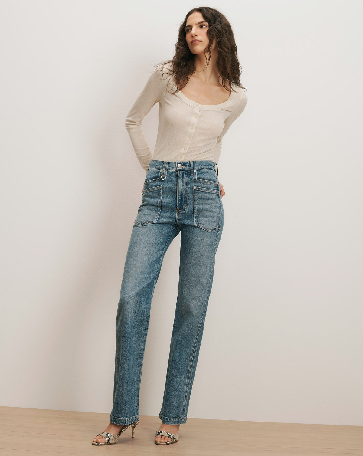 Veronica Beard | Dylan Patch-Pocket Straight-Leg Jean in Medium Blue Denim Orbit Glare Orbit Glare
