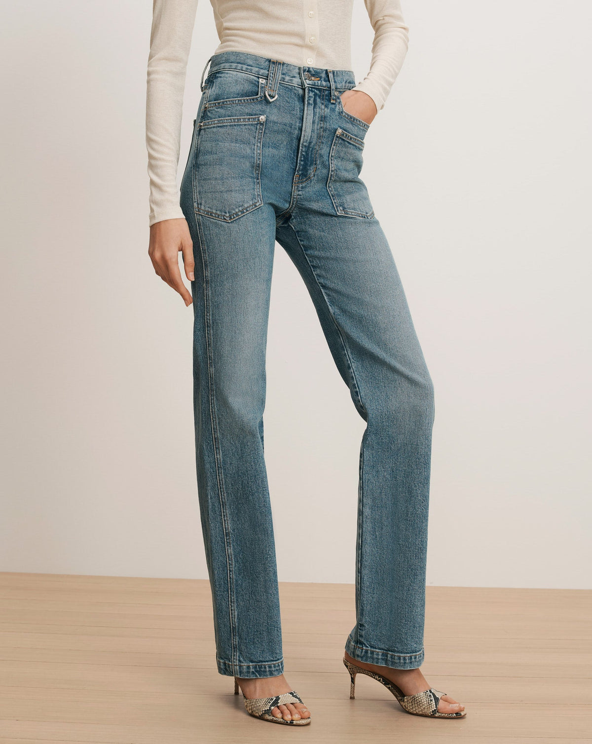Veronica Beard | Dylan Patch-Pocket Straight-Leg Jean in Medium Blue Denim Orbit Glare Orbit Glare