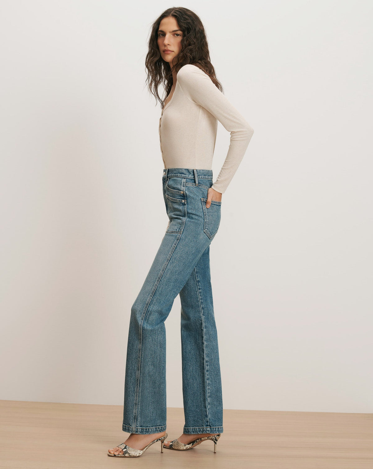 Veronica Beard | Dylan Patch-Pocket Straight-Leg Jean in Medium Blue Denim Orbit Glare Orbit Glare