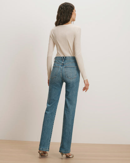 Veronica Beard | Dylan Patch-Pocket Straight-Leg Jean in Medium Blue Denim Orbit Glare Orbit Glare