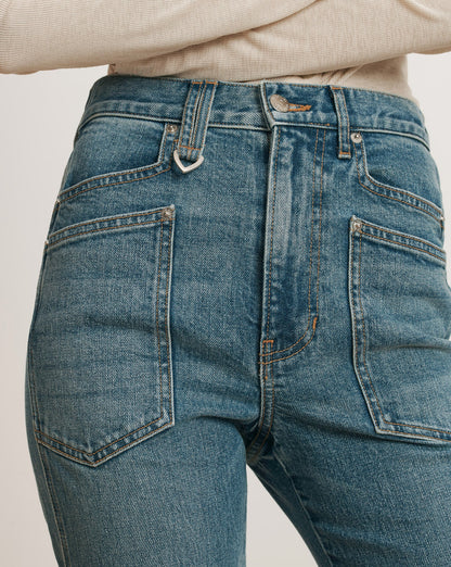 Veronica Beard | Dylan Patch-Pocket Straight-Leg Jean in Medium Blue Denim Orbit Glare Orbit Glare