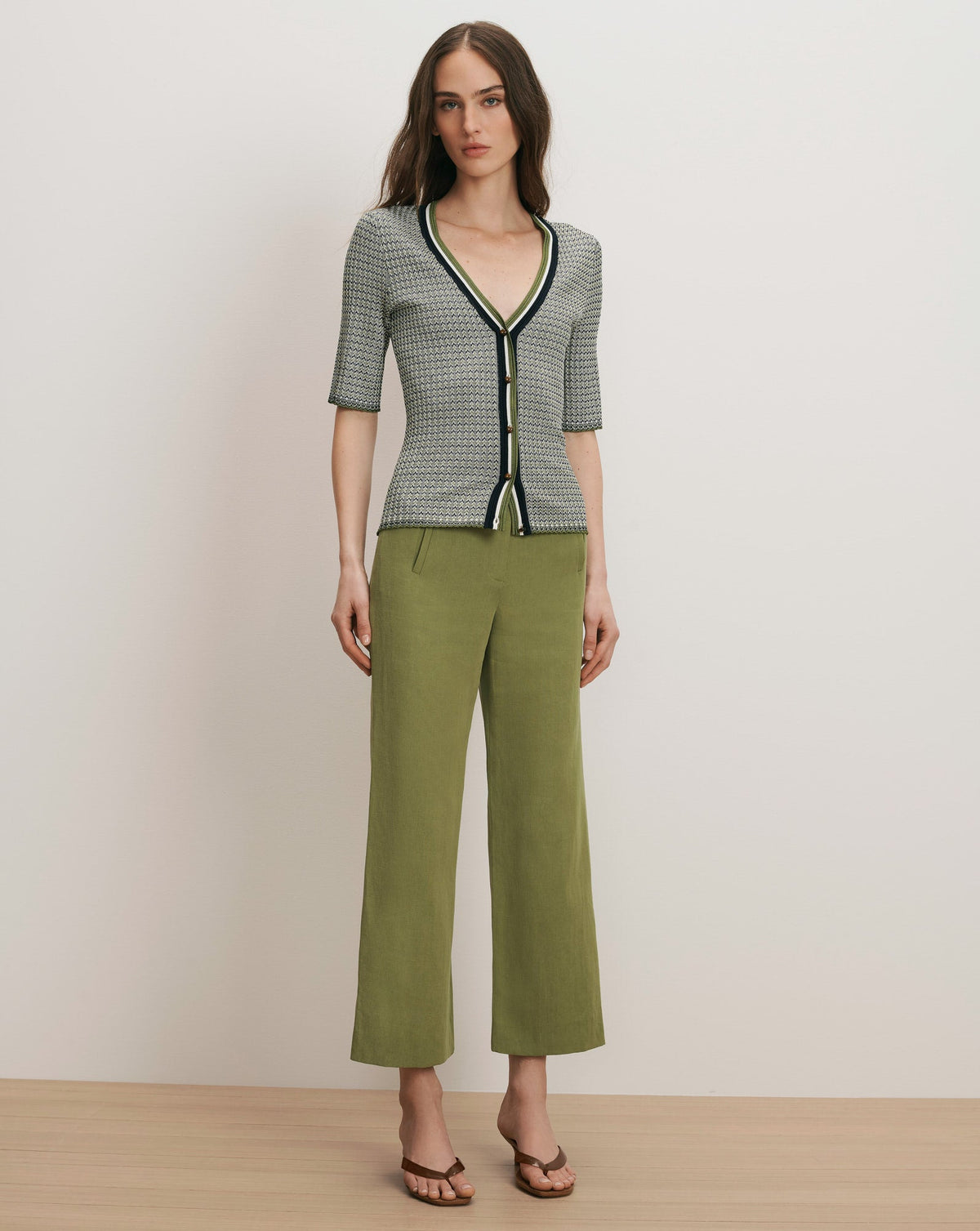 Veronica Beard | Calliope Knit Button-Front Top in Navy Chevron /Cactus/Off-White Navy/Cactus/Off-White