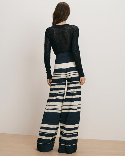 Veronica Beard | Heron Crossover Waistband Pant in Navy & Dove Stripes Navy/Dove White