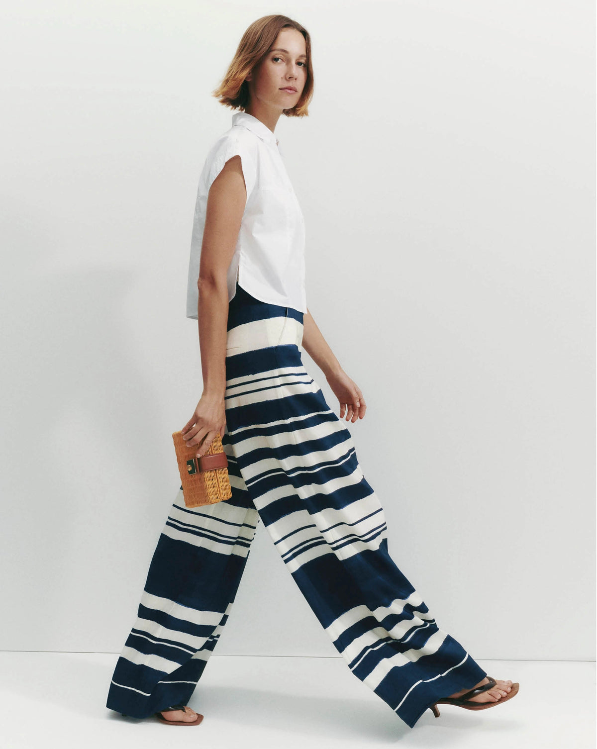Veronica Beard | Heron Crossover Waistband Pant in Navy & Dove Stripes Navy/Dove White