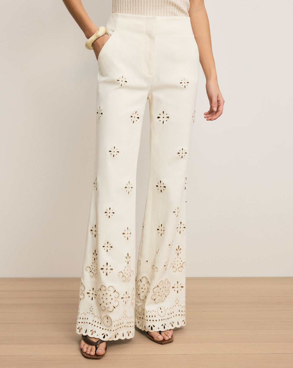 Veronica Beard | Komi High-Rise Eyelet Pant in Dove Dove White
