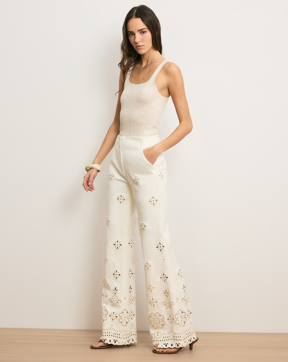 Veronica Beard | Komi High-Rise Eyelet Pant in Dove Dove White