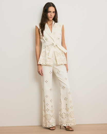 Veronica Beard | Komi High-Rise Eyelet Pant in Dove Dove White