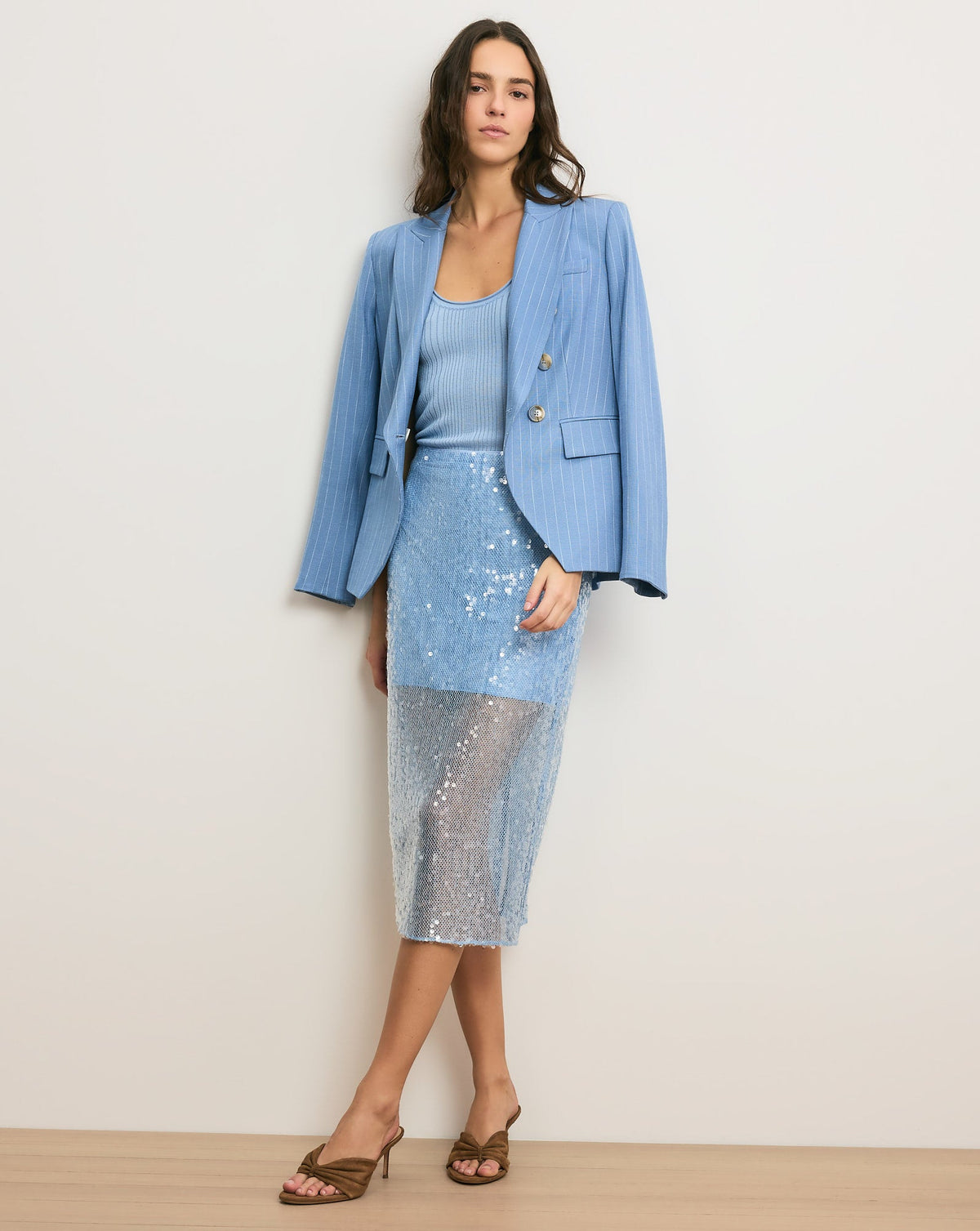 Veronica Beard | Allora Sheer Sequin Midi Skirt in Blue Jay Blue Jay