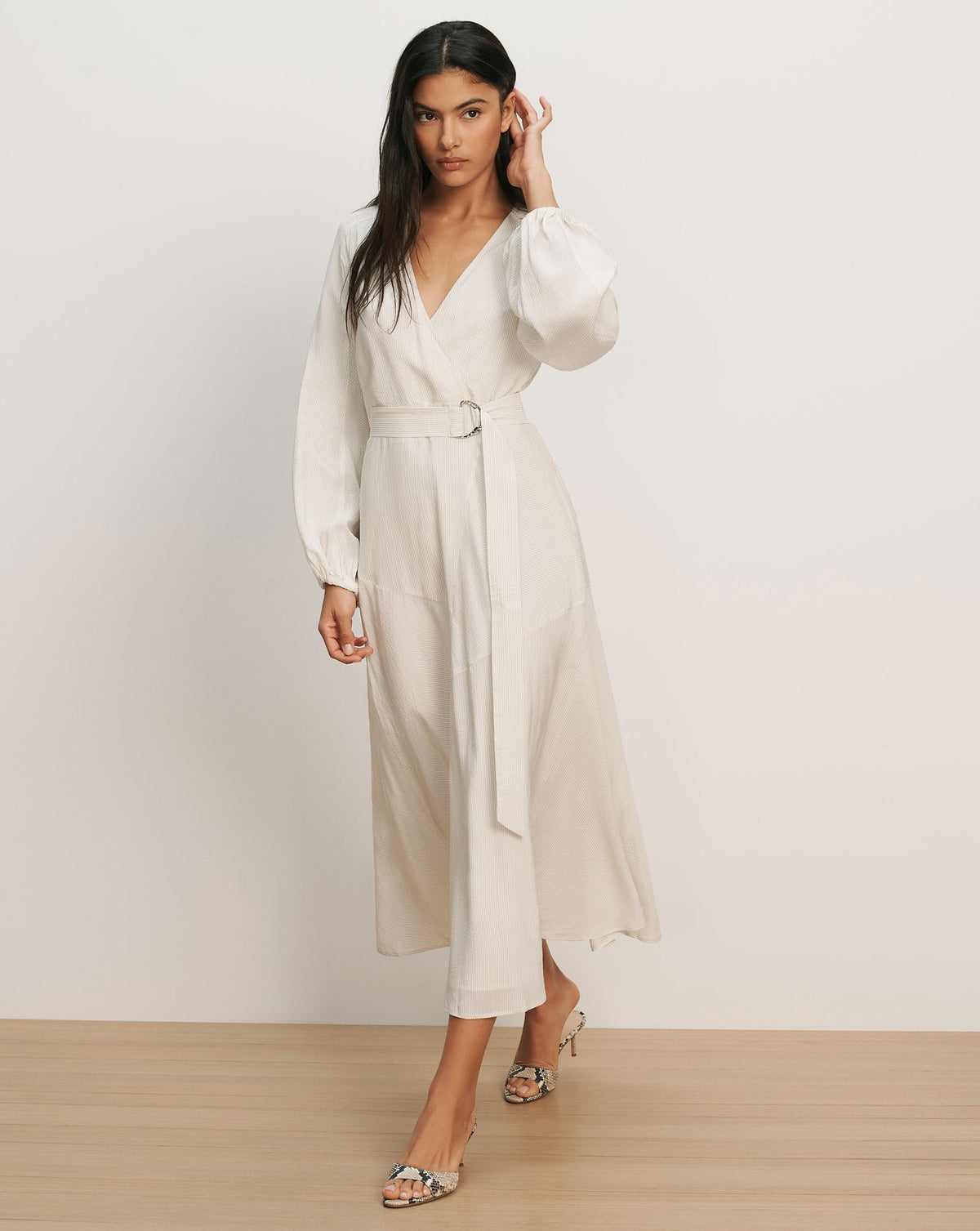 Veronica Beard | Seneca Bishop-Sleeve Midi Dress in Dove White Dove White