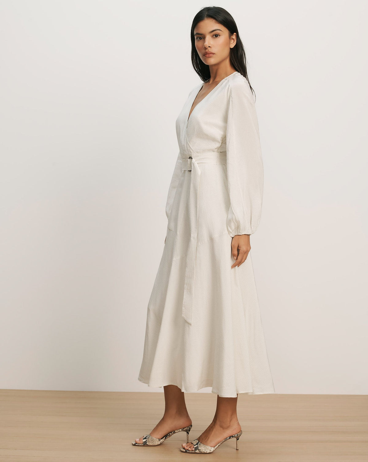 Veronica Beard | Seneca Bishop-Sleeve Midi Dress in Dove White Dove White
