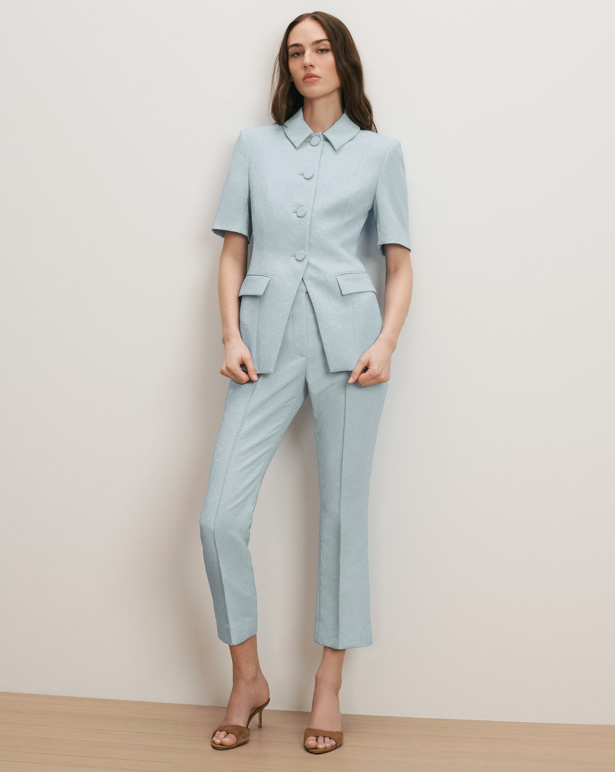 Veronica Beard | Dell Jacquard Slim-Leg Pant in Blue Stream Blue Stream