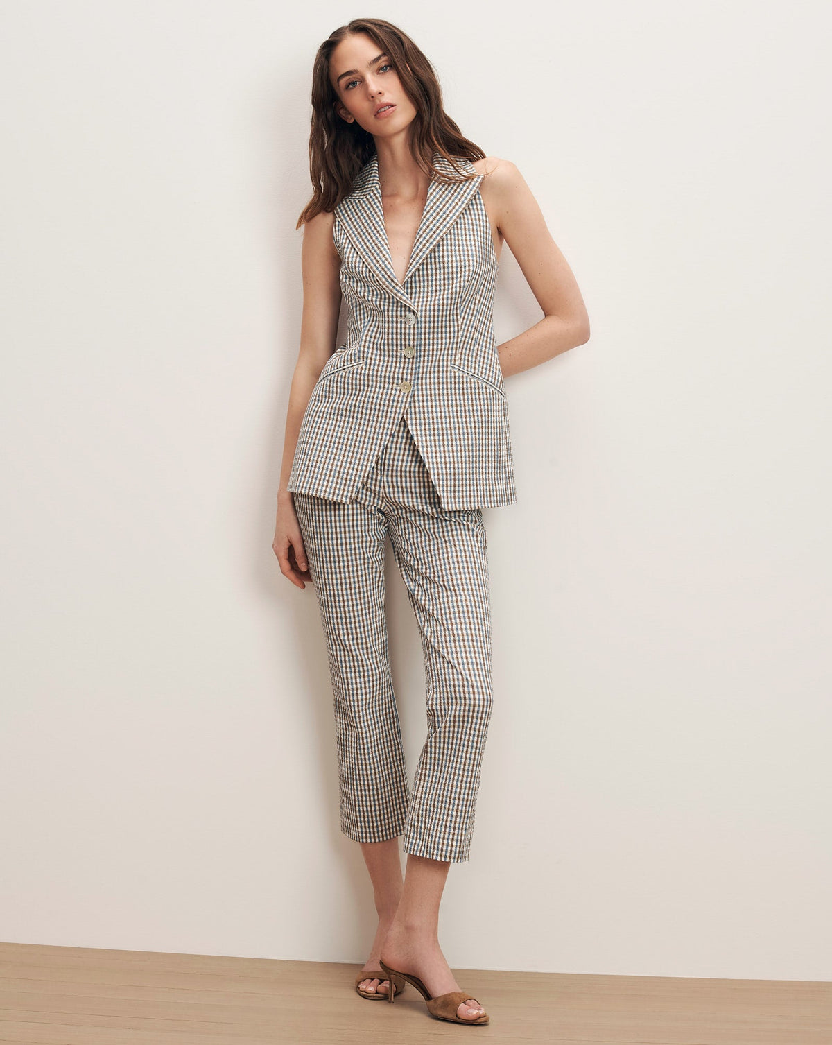 Veronica Beard | Arte Kick-Flare Pant in Blue & Brown Gingham Acorn Multi Acorn Multi