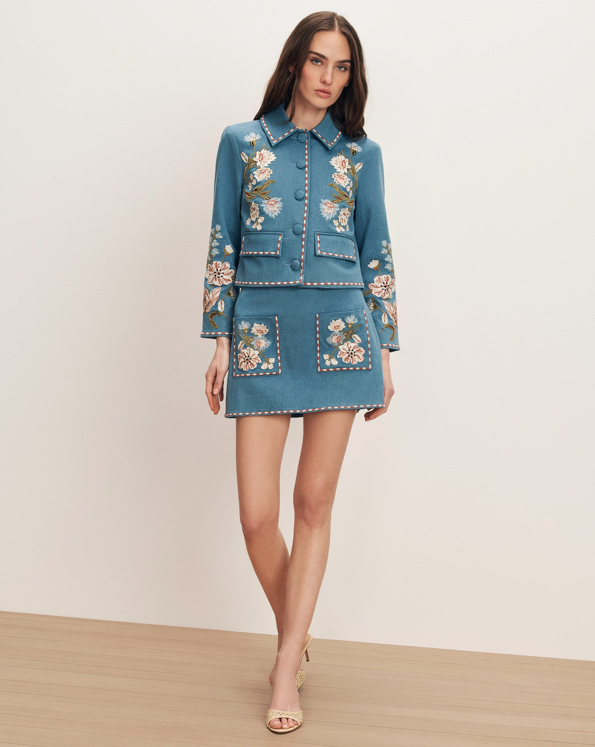 Veronica Beard | Pallas Floral Embroidered Mini Skirt in Blue Sea Glare Sea Glare