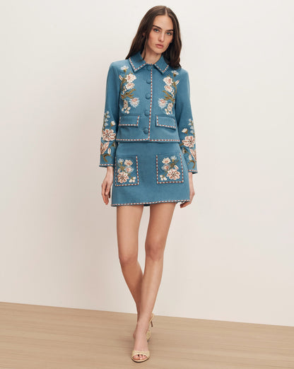 Veronica Beard | Pallas Floral Embroidered Mini Skirt in Blue Sea Glare Sea Glare