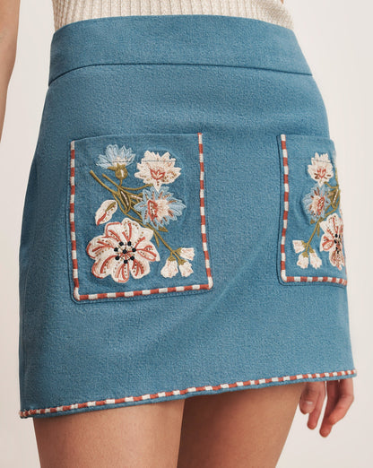 Veronica Beard | Pallas Floral Embroidered Mini Skirt in Blue Sea Glare Sea Glare