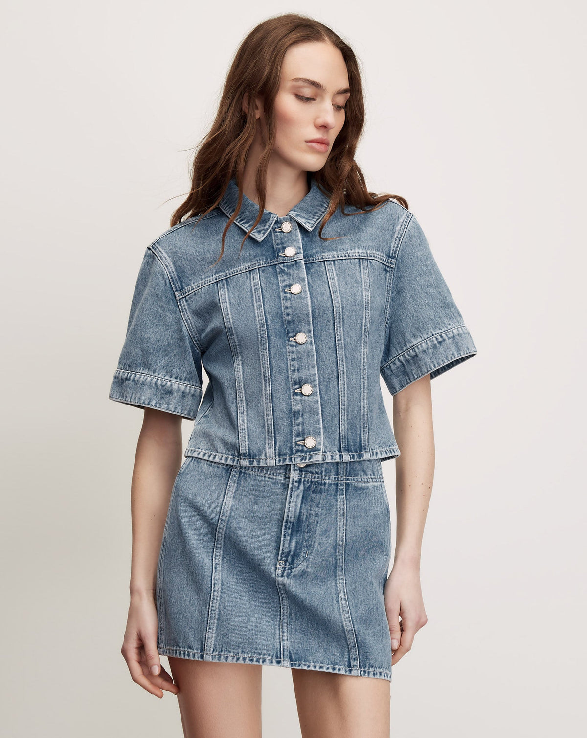 Veronica Beard | Malcom Cropped Denim Jacket in Medium Wash Silver Dust Silver Dust