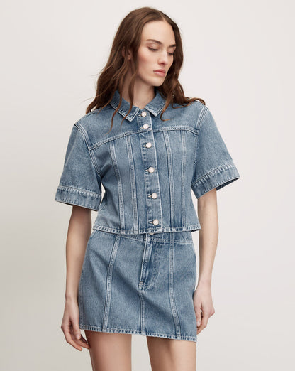 Veronica Beard | Malcom Cropped Denim Jacket in Medium Wash Silver Dust Silver Dust