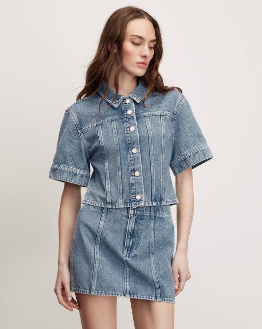 Veronica Beard | Malcom Cropped Denim Jacket in Medium Wash Silver Dust Silver Dust
