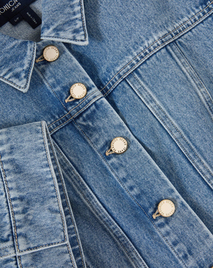 Veronica Beard | Malcom Cropped Denim Jacket in Medium Wash Silver Dust Silver Dust