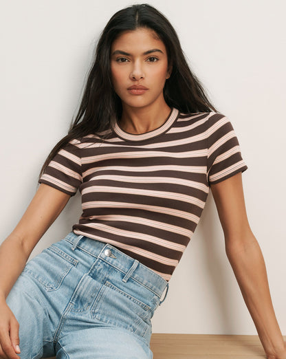 Veronica Beard | Pruitt Striped Ribbed T-Shirt in Brown Stripe Brown Stripe