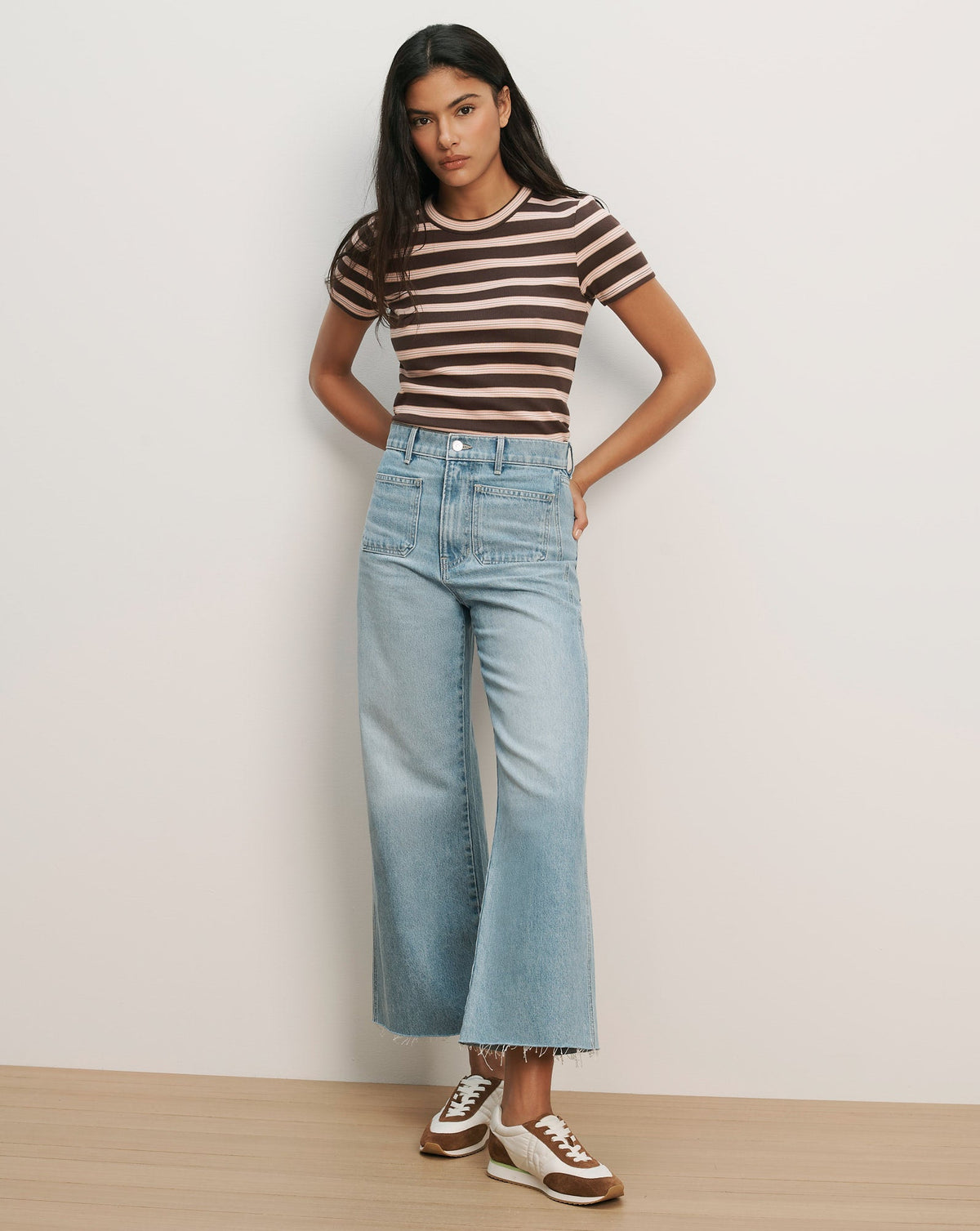 Veronica Beard | Pruitt Striped Ribbed T-Shirt in Brown Stripe Brown Stripe