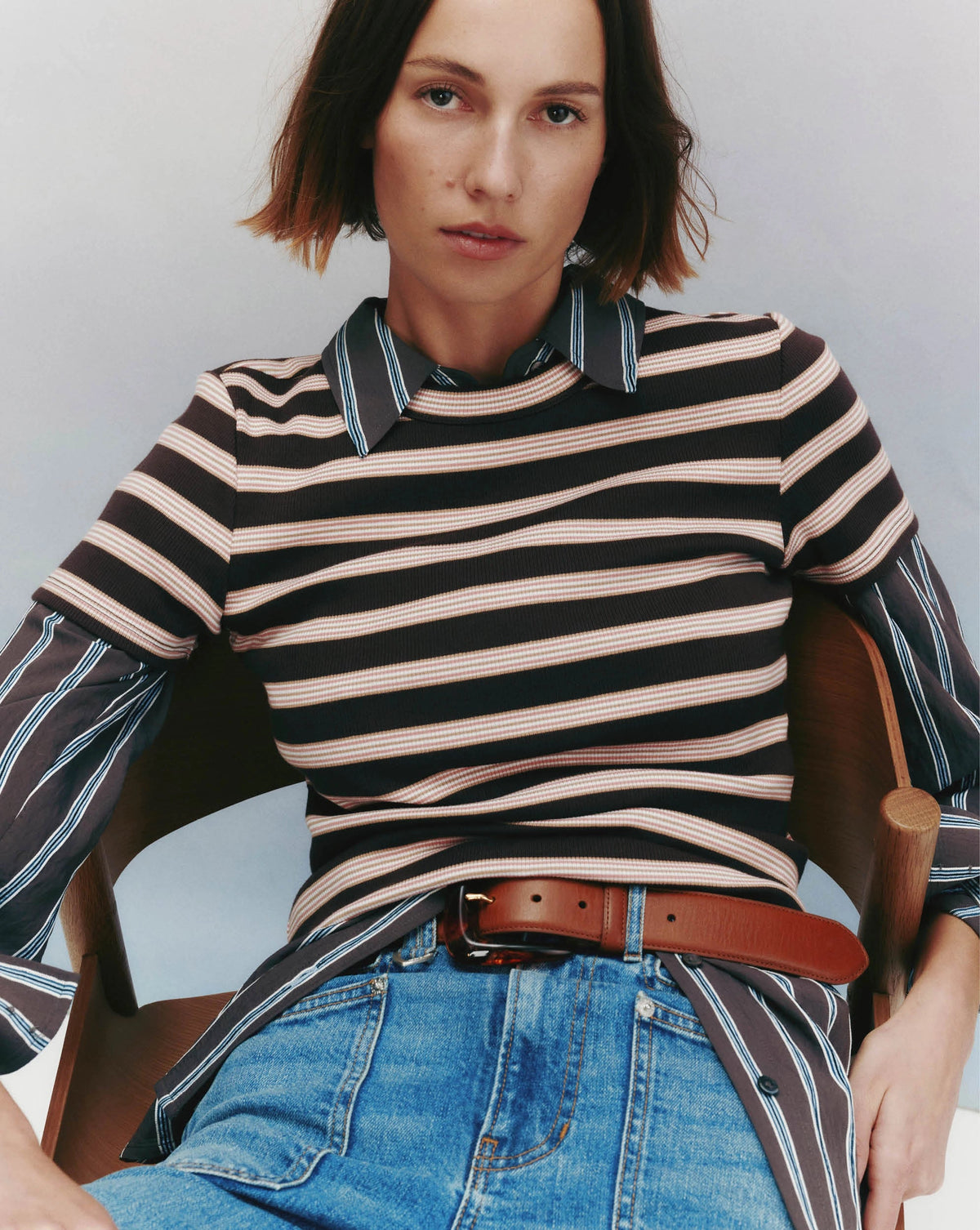 Veronica Beard | Pruitt Striped Ribbed T-Shirt in Brown Stripe Brown Stripe