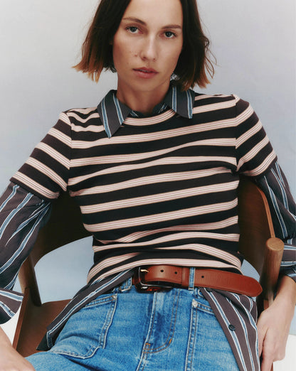 Veronica Beard | Pruitt Striped Ribbed T-Shirt in Brown Stripe Brown Stripe