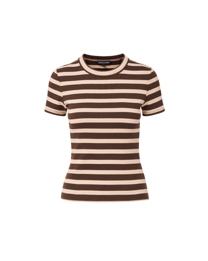 Veronica Beard | Pruitt Striped Ribbed T-Shirt in Brown Stripe Brown Stripe