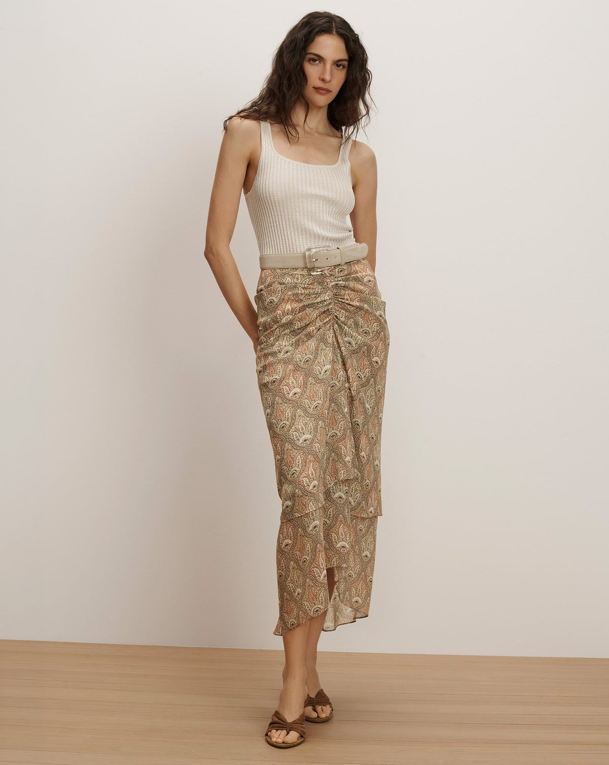 Veronica Beard | Sira Silk Midi Skirt in Stone Khaki Paisley Multi Stone Khaki Multi