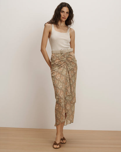 Veronica Beard | Sira Silk Midi Skirt in Stone Khaki Paisley Multi Stone Khaki Multi