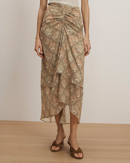 Veronica Beard | Sira Silk Midi Skirt in Stone Khaki Paisley Multi Stone Khaki Multi