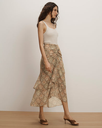 Veronica Beard | Sira Silk Midi Skirt in Stone Khaki Paisley Multi Stone Khaki Multi