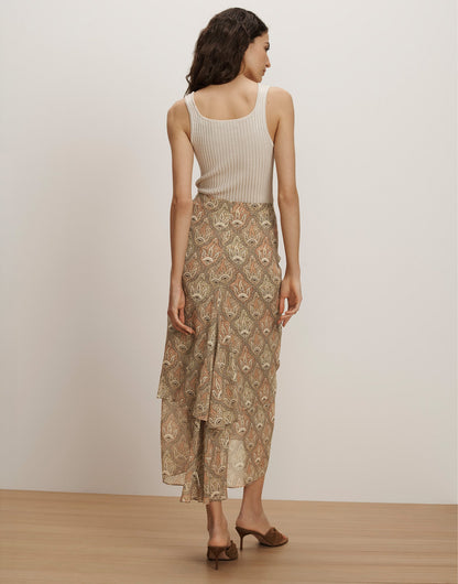 Veronica Beard | Sira Silk Midi Skirt in Stone Khaki Paisley Multi Stone Khaki Multi