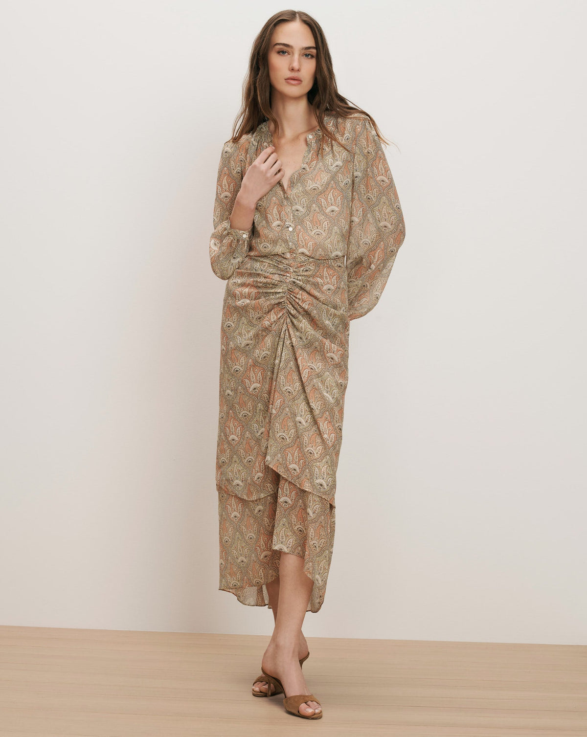 Veronica Beard | Sira Silk Midi Skirt in Stone Khaki Paisley Multi Stone Khaki Multi