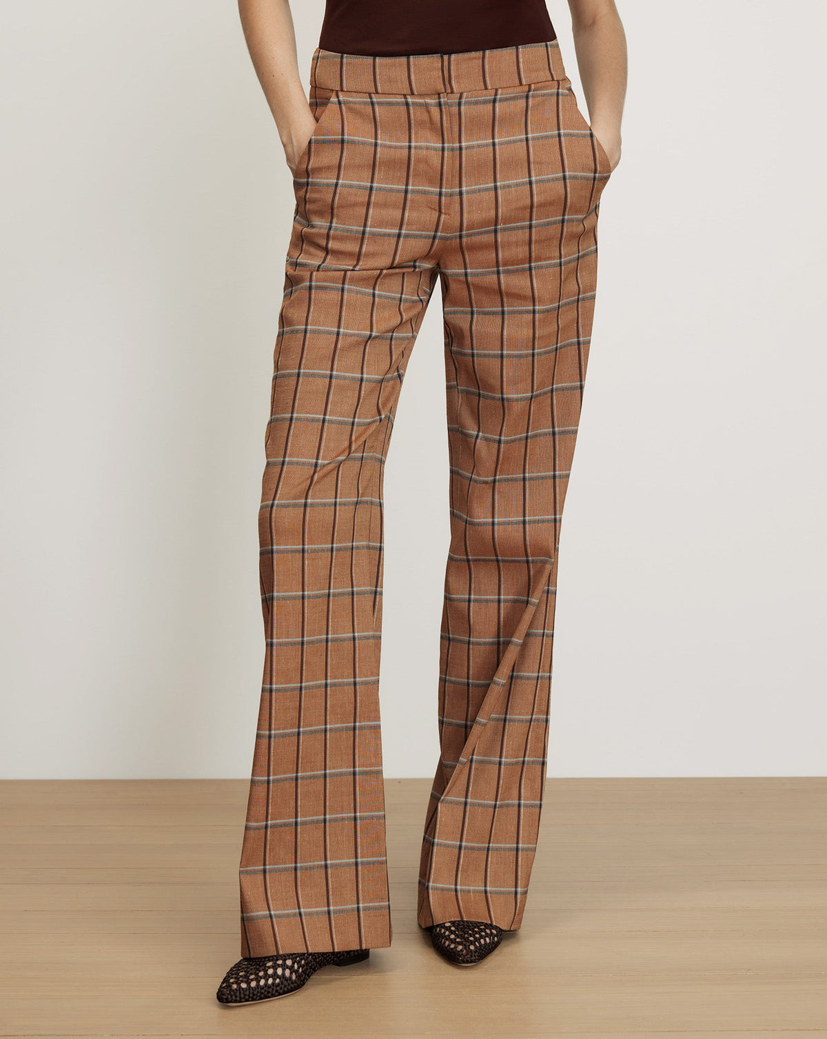 Veronica Beard | Tonelli Plaid Wide-Leg Pant in Tan Ochre Multi Ochre Multi