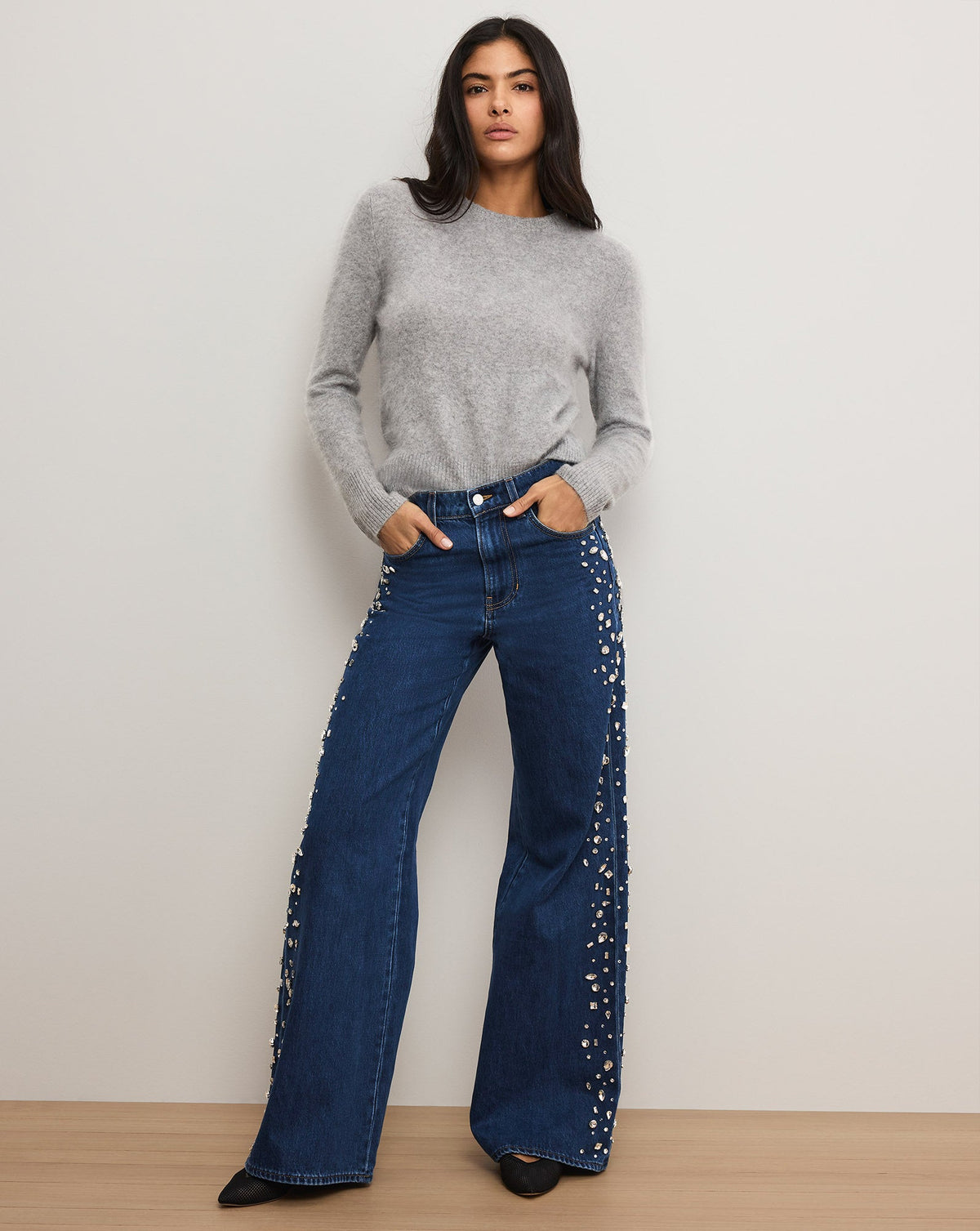 Veronica Beard | Kasey Embellished Wide-Leg Jean in Stoned Bright Blue Stoned Bright Blue