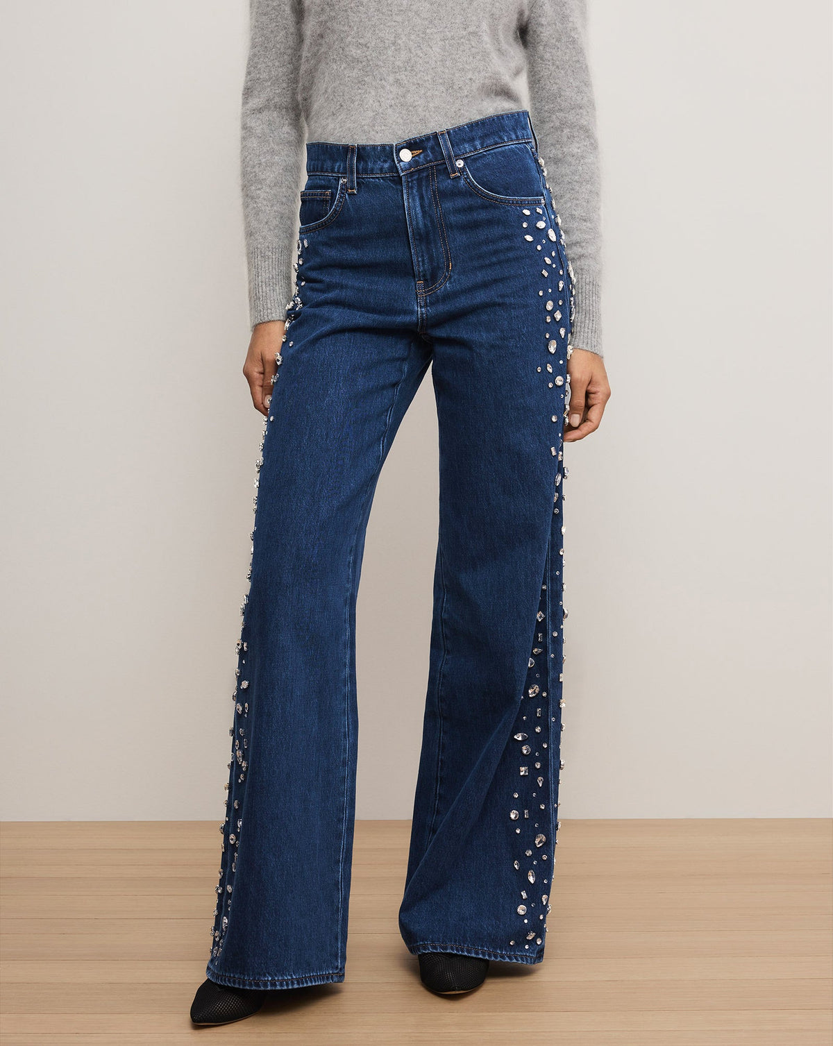 Veronica Beard | Kasey Embellished Wide-Leg Jean in Stoned Bright Blue Stoned Bright Blue