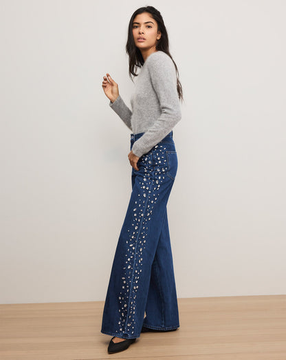 Veronica Beard | Kasey Embellished Wide-Leg Jean in Stoned Bright Blue Stoned Bright Blue