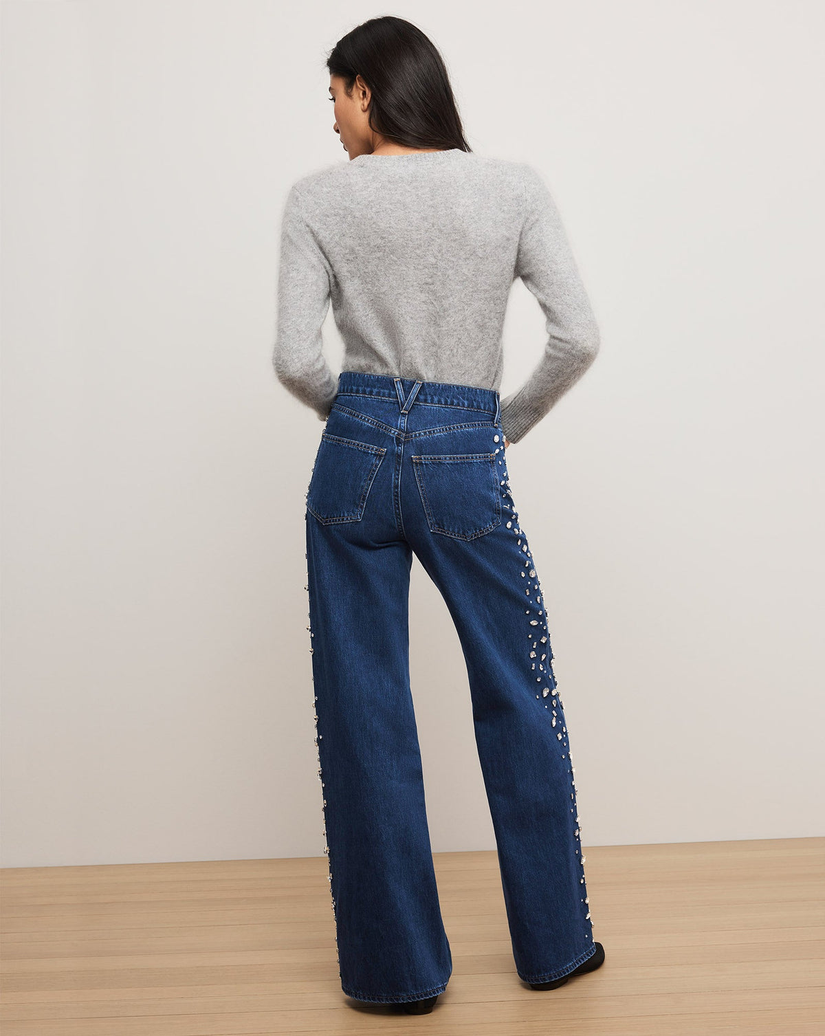 Veronica Beard | Kasey Embellished Wide-Leg Jean in Stoned Bright Blue Stoned Bright Blue